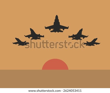 Vector illustration of four jet fighters flying in a V-formation with a sunset backdrop. Ideal for military aviation projects, patriotic posters, or air show promotions.

