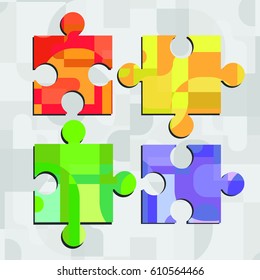 vector illustration of four jigsaw pieces in different bright colors for puzzle solutions and team work concepts