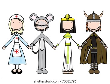 Vector illustration of four kids holding hands in costumes