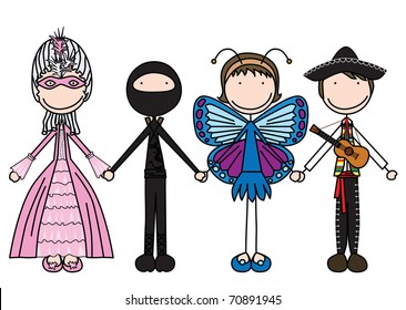 Vector illustration of four kids holding hands in costumes