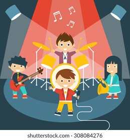 Vector illustration of four kids in a music band