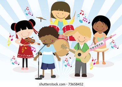 A vector illustration of four kids in a music band