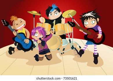 A vector illustration of four kids in a rock band