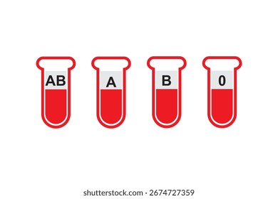 Ilustración vectorial de cuatro probetas de laboratorio llenas de sangre, cada una de ellas marcada con un tipo de sangre humana diferente. Estilo limpio y plano con colores llamativos
