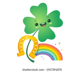 Vector illustration of a four leaf clover, rainbow and horseshoe. Lucky clover, horseshoe and rainbow for Patrick's day.