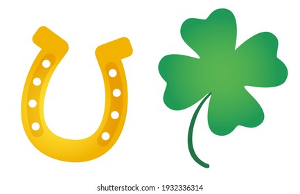 Vector illustration of a four leaf clover and horseshoe. Vector set icons of lucky clover and horseshoe for Patrick's day.