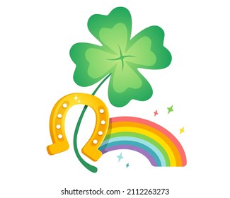 Vector illustration of a four leaf clover, rainbow and horseshoe. Lucky clover, horseshoe and rainbow for Patrick's day.