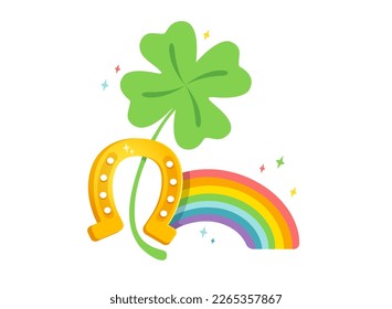 Vector illustration of a four leaf clover, rainbow and horseshoe. Lucky clover, horseshoe and rainbow for Patrick's day.