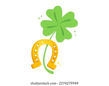 Vector illustration of a four leaf clover and horseshoe. Lucky clover and horseshoe  for Patrick's day.
