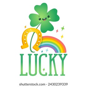 Vector illustration of a four leaf clover, rainbow and horseshoe. Lucky clover, horseshoe and rainbow for Patrick's day.
