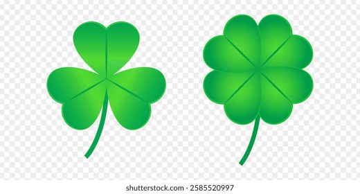 Vector illustration of four leaf clover and three leaf clover on transparent background