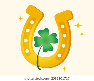 Vector illustration of a four leaf clover and horseshoe. Vector icon of lucky clover and horseshoe for Patrick's day. Shamrock. Paddy's day.