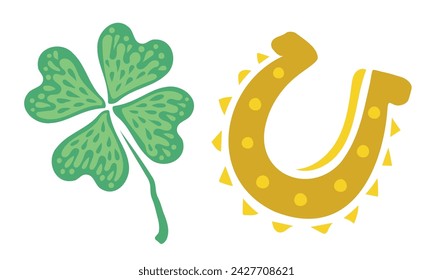 Vector illustration of a four leaf lucky clover and horseshoe. Vector set icons of lucky clover and horseshoe for Patrick's day.