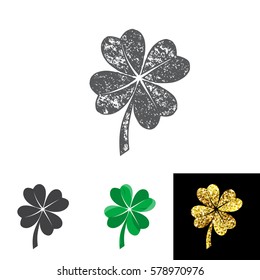 Vector illustration of four leaved clover set for saint Patricks day greeting with grunge, silhouette and gold lucky shamrock isolated on white background