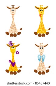 vector illustration of four little cute giraffes on white background