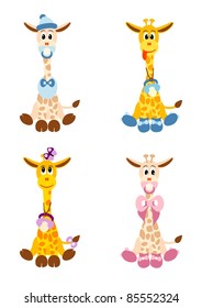 vector illustration of four little cute giraffes stylized like newborn children -  isolated  on white background