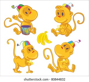 vector illustration- four little funny monkeys with bananas. Play on the dram, eat banana, seat and walk