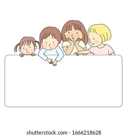 Vector illustration of four little kids, boy & girls, pointing and looking at  blank template for presentation, brochure or banner. Education and learning concept. Cartoon character drawing style.