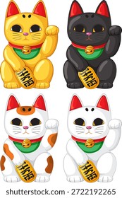 Ilustración vectorial de cuatro figuras de gato afortunado, varios colores, líneas limpias, estilo plano