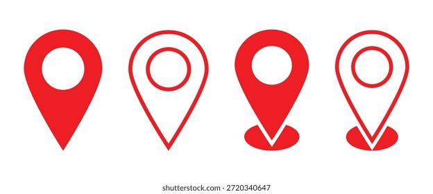 Ilustração vetorial do conjunto de quatro ícones de localização de pinos de mapa isolado no fundo branco. Ícone de pin do mapa, vetor de local. Símbolo e sinal de navegação vetorial. Conjunto de ícones de pin do mapa vermelho.
