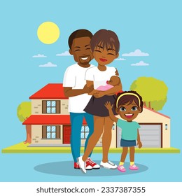 Vector illustration of four member happy family in front of house. Little girl waving with parents and baby sister lifestyle concept