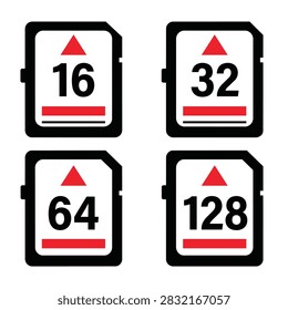 Vector illustration of four memory cards featuring capacities of 16, 32, 64, and 128 gigabytes.
