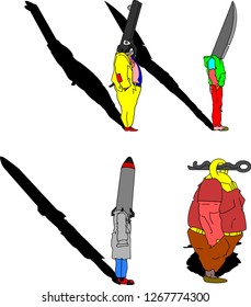 Vector illustration of four men depicted as weapons; top-left a gunfire, top-right a knife, bottom-left a bomb, and bottom-right a hand grenade. 