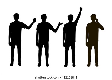 Vector Illustration Of Four Men Silhouettes. Man With Hand Up, Man Talking On The Phone,man With Phone On White Background.Black People Solhouette