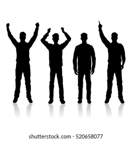 Vector illustration of four men silhouettes with hands up on the white background. Black people silhouettes.