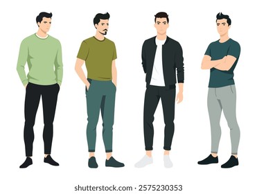 Vector illustration. Four men in stylish clothes. A modern look with an emphasis on comfort and minimalism. Shades of green, white and black create a harmonious look.