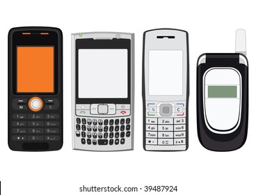 Vector illustration of a four mobile phones. No gradients used and no transparency effects. You can change their shape, change their color, do whatever you want. Each phone is in a separate layer.