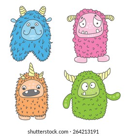 vector illustration of four monsters of different colors and characters