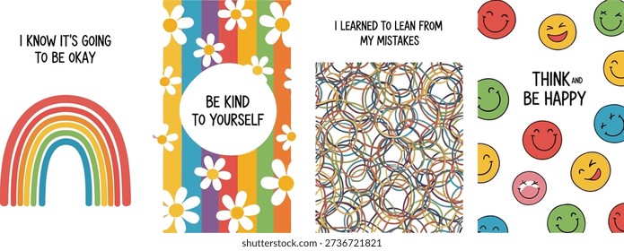 Vector illustration of four motivational panels featuring rainbow, flowers, rings, and expressive faces with positive messages