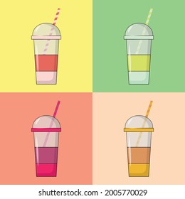 Ilustración vectorial de cuatro vasos desechables multicolores con tapa y paja sobre un fondo colorido