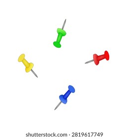 Vector illustration of four multicolored thumbtacks, push pins on a white background
