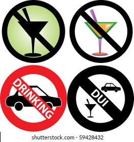 Vector Illustration of four No Alcohol or drinking while driving slash through Signs. See my others in this series.