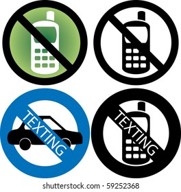 Vector Illustration Of Four No Cell Phone Or Texting While Driving Signs.