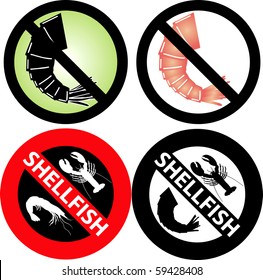 Vector Illustration of four No Shellfish Signs. See my others in this series.