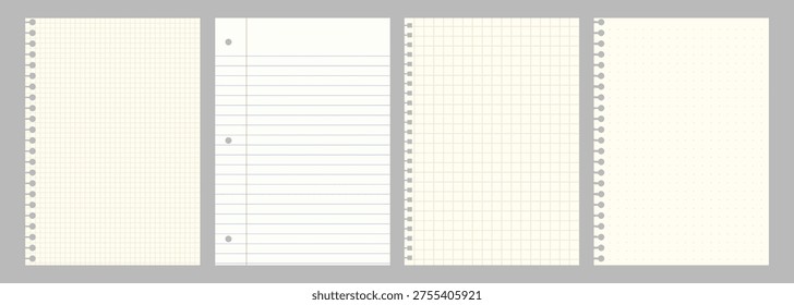 Vector illustration of four notebook pages: graph, lined, grid, and dotted. Each page has a spiral binding on a gray background.