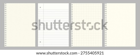 Vector illustration of four notebook pages: graph, lined, grid, and dotted. Each page has a spiral binding on a gray background.