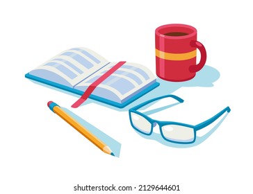 Vector illustration of four objects: a book, a pencil, a cup of coffee and glasses.