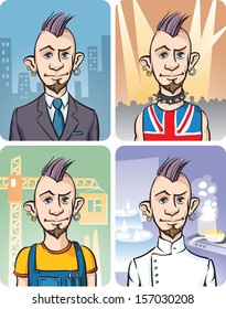 Vector illustration of Four Occupations of Punk Guy. Easy-edit layered vector EPS10 file scalable to any size without quality loss. High resolution raster JPG file is included.