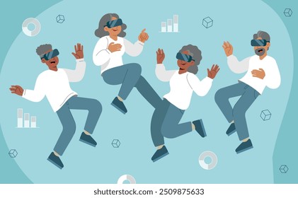 Ilustración vectorial de cuatro adultos mayores con gafas de realidad virtual, flotando en un entorno digital con Formas geométricas y gráficas, representando una experiencia de realidad virtual inmersiva.