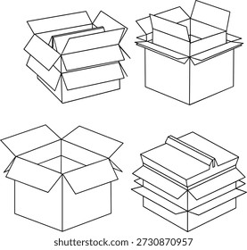 Ilustração vetorial de quatro caixas de papelão abertas com variados arranjos de flape em estilo de linha preta