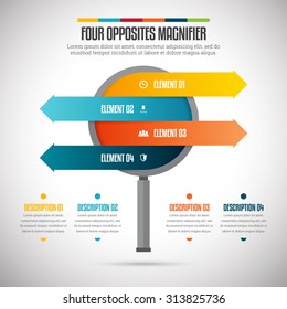 Vector illustration of four opposites magnifier infographic design element.