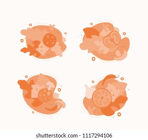 Vector illustration of four orange backdrops with pizza ingredients: tomatoes, mushrooms, cheese, chili pepper, garlic and olive cuts isolated on white background.