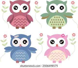 vector illustration of four owls with different colors and expressions by nara senja