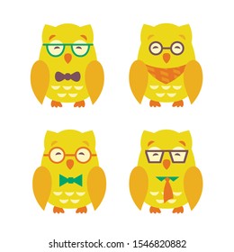 Vector illustration of four owls in glasses and neckties. Flat slyle owls for background, greeting card, poster.