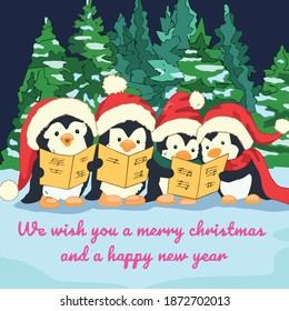 Vector illustration of four penguins reading a songbook while singing Christmas carols