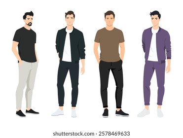 Vector illustration of four people wearing T-shirts, bomber jackets, tracksuits every day. Minimalistic style and calm poses.